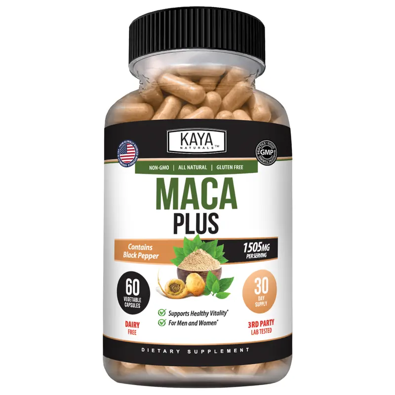 Kaya Naturals Maca Root Edible Herbal Capsules - Non-GMO Botanical Dietary Supplement, Natural Healthcare Root Extract Supplement for Energy Boost, Vitality Support