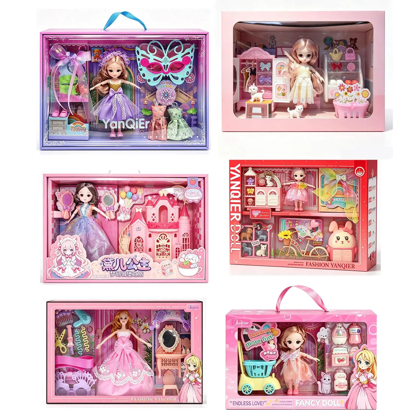 6Sets Cute Princess Fashion Doll Dress Up Playset, Complete Doll Closet Wardrobe with Outfits Shoes Pet Furniture Accessories, Pretend Role Play Toy Gift for Little Girls 4-10 Years Old
