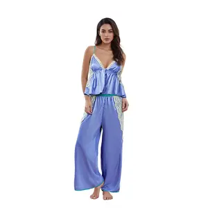 Women's Pajama Sets Lace Patchwork Spaghetti Strap Ruffled Cami Tops with Loose Pants 2Pcs Soft Sleepwear spring autumn