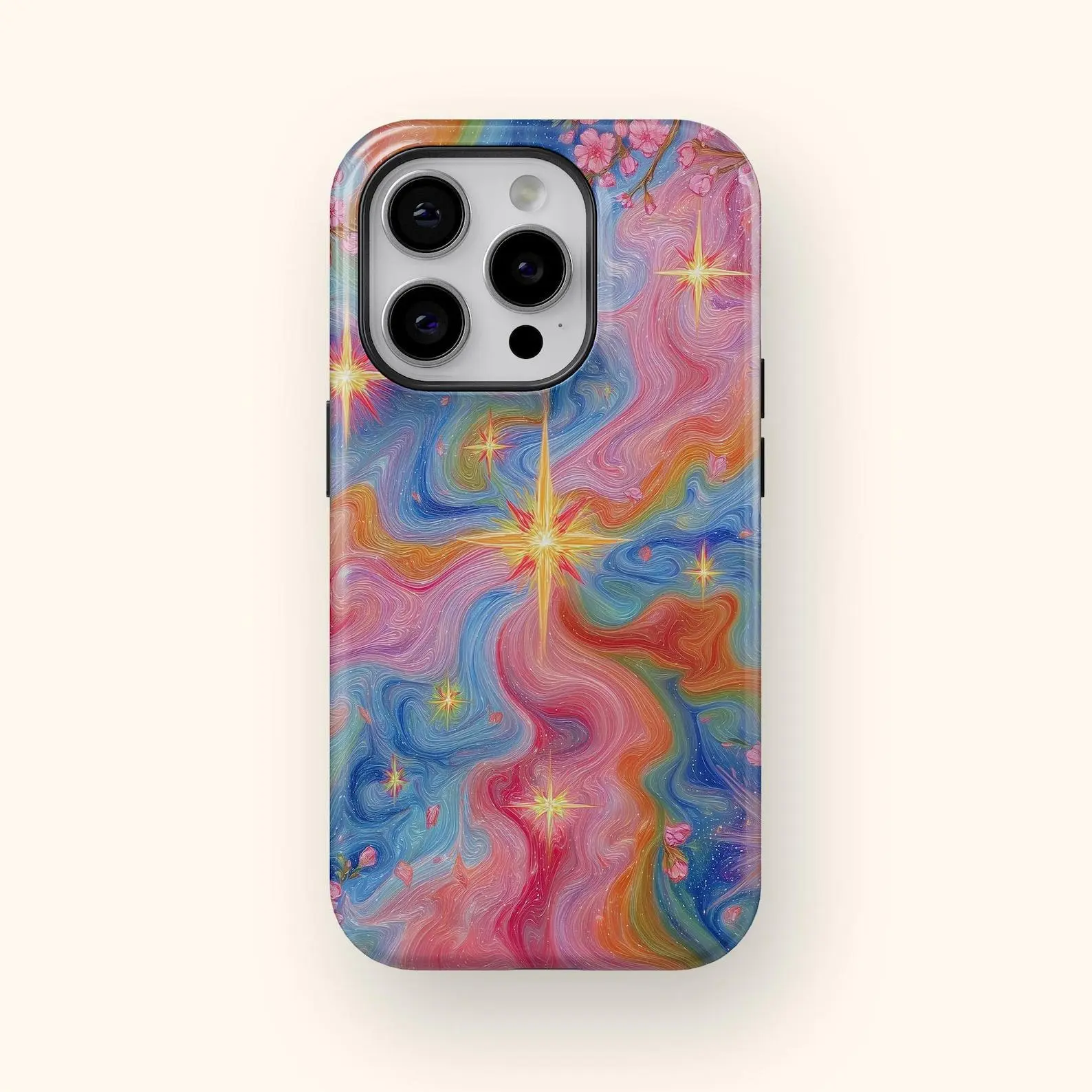 Cherry Blossom Rainbow Galaxy Phone Case for iPhone 17 16 15 14 13 12 11 and Samsung Galaxy S25 S24 S23 S22 S21 Aurora Nebula Starburst Case
