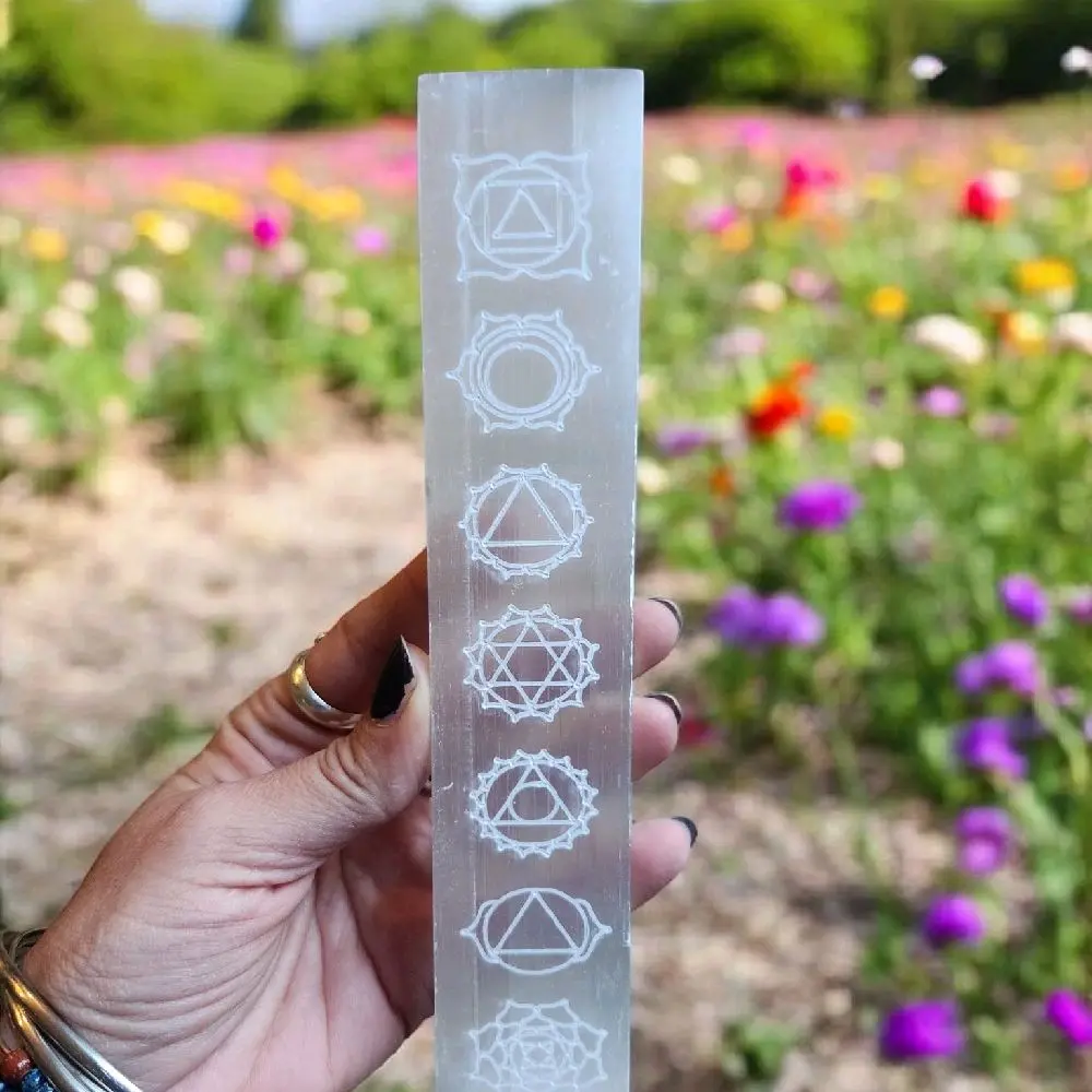 Selenite Crystal Healing Wand, 8" Etched Reiki Design, Chakra Tool with Sacred Lines