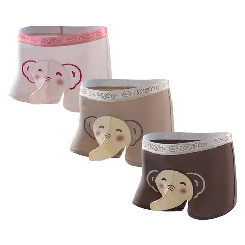 Men's Playful Elephant Cotton Boxer Trunks 3 Pack 3D Separate Pouch Underwear Unique Elephant Nose Design Wide Elastic Waistband Comfortable Support Fun Gift Choice