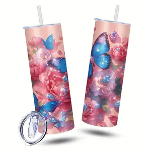 1pc 20oz Stainless Steel Water Cup with Vibrant Floral & Butterfly Design, Double-Wall Insulated for Hot & Cold Beverages, Durable Leak-Proof Lid & Straw, Dishwasher Safe - Perfect for Outdoor, Office, Home Use, Great Gift for Family & Friends