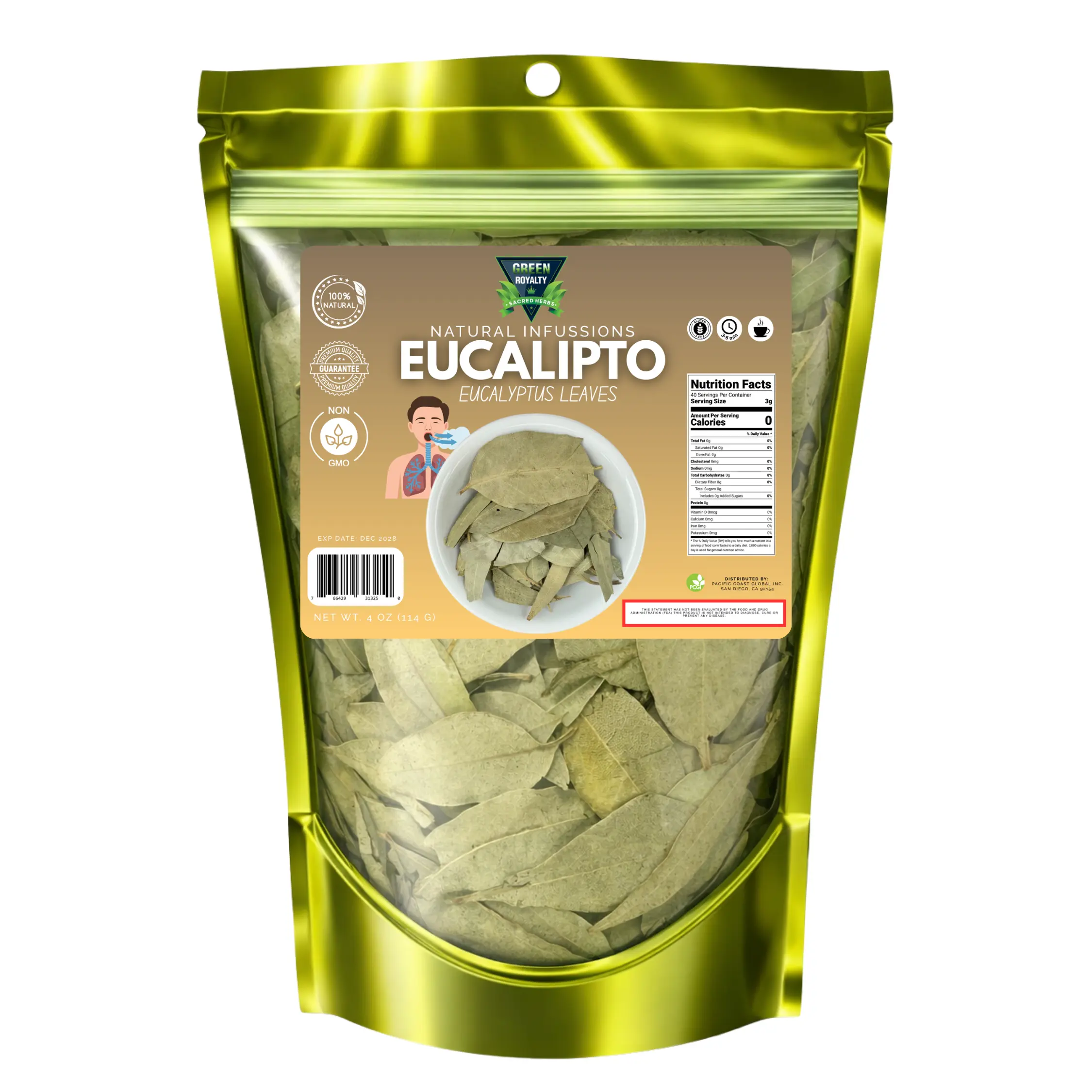 Green Royalty Caffeine-Free Natural Eucalyptus Loose Leaf Herbal Tea - 4oz Eucalyptus Herbs Blend, 24 Months Shelf Life, 30+ Cups, Supports Mental Clarity, Relaxation, Calmness, Respiratory Health