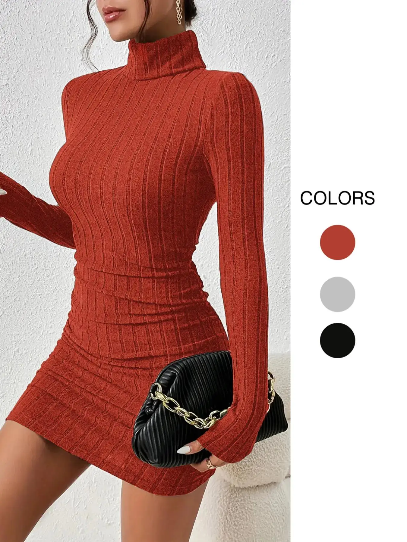 Women's Thin Minimalist Ribbed Knit Long Sleeve Turtle Neck Bodycon Dress, Longsleeves High Neck Short Tight Dresses Basic Comfortable Lady Casual Wom