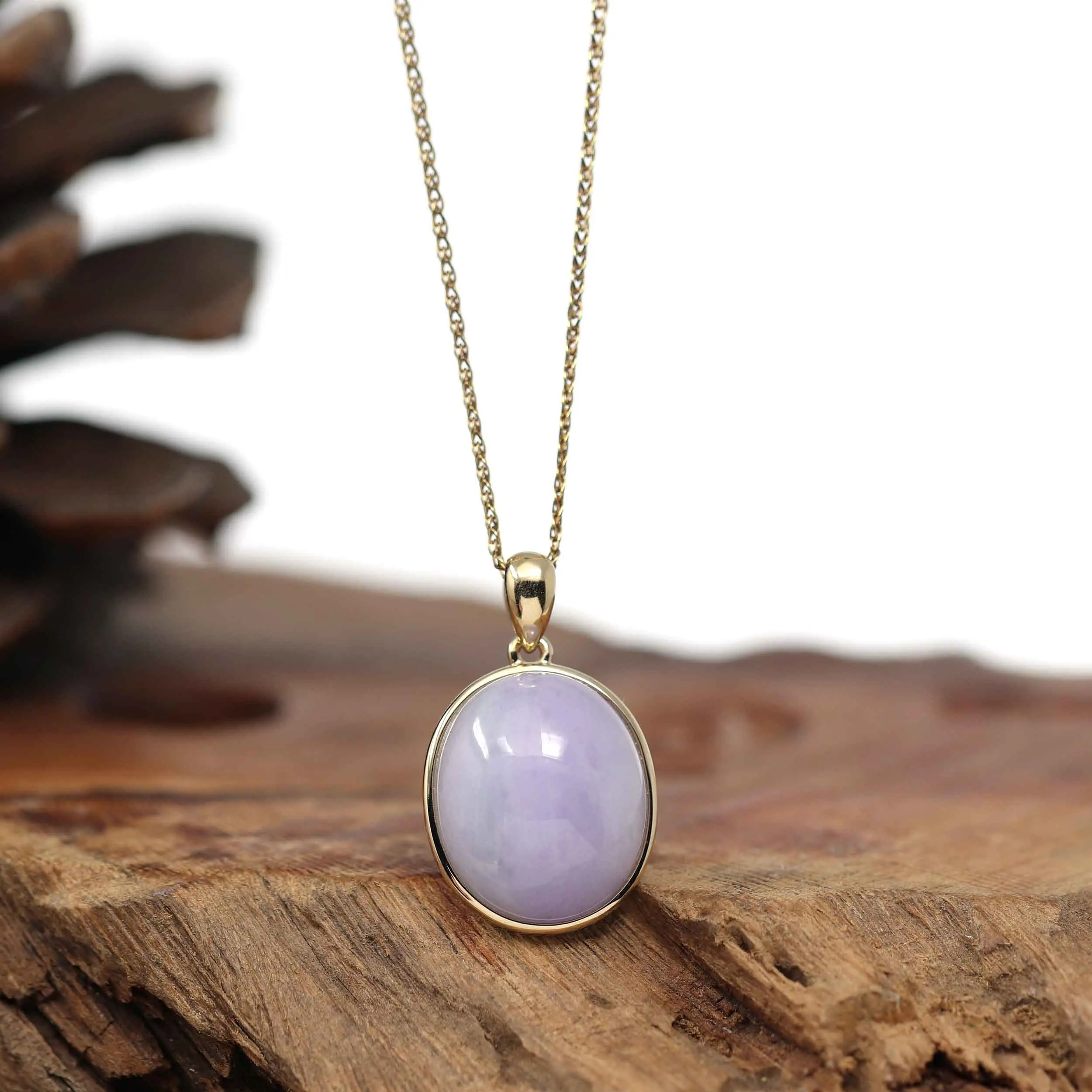14K Gold Natural Lavender Burmese Jadeite Cabochon Necklace