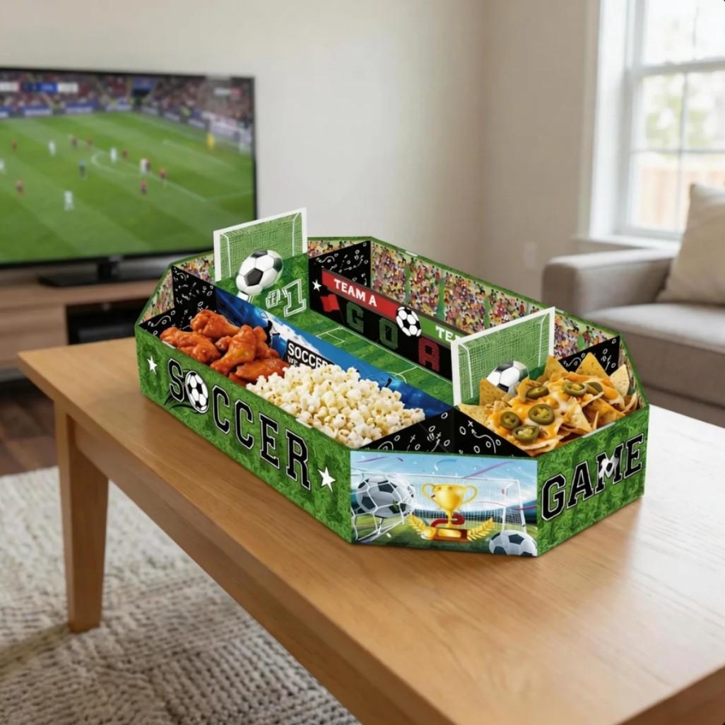 2026 Soccer Party Supplies Set: Extra Large 23x12 Inch "Soccer Field" Shaped Snack Tray, suitable for pre-league parties, matchday parties, and party decorations.