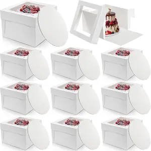 20 count 12 Inch Cake Boxes with Window and Boards, Sturdy  Grade 350g Thick Cardboard White Bakery Box for Multi-Layer Wedding Birthday Cakes Transport Box (12x12x8 Inch, 10 Boxes,10 Boards)