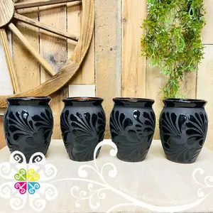 Set of Black / Black Espiga Plumeado Cantarito Cup - Set Clay Cantarito - Cielito Lindo Mexican Decor
