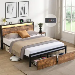 Full/Queen Size Bed Frame with Storage Headboard and 2 Drawers, LED Lights Bed with Charging Station, Metal Platform Bed No Noise, Mattress Foundation Strong Metal Slats Support No Box Spring Needed