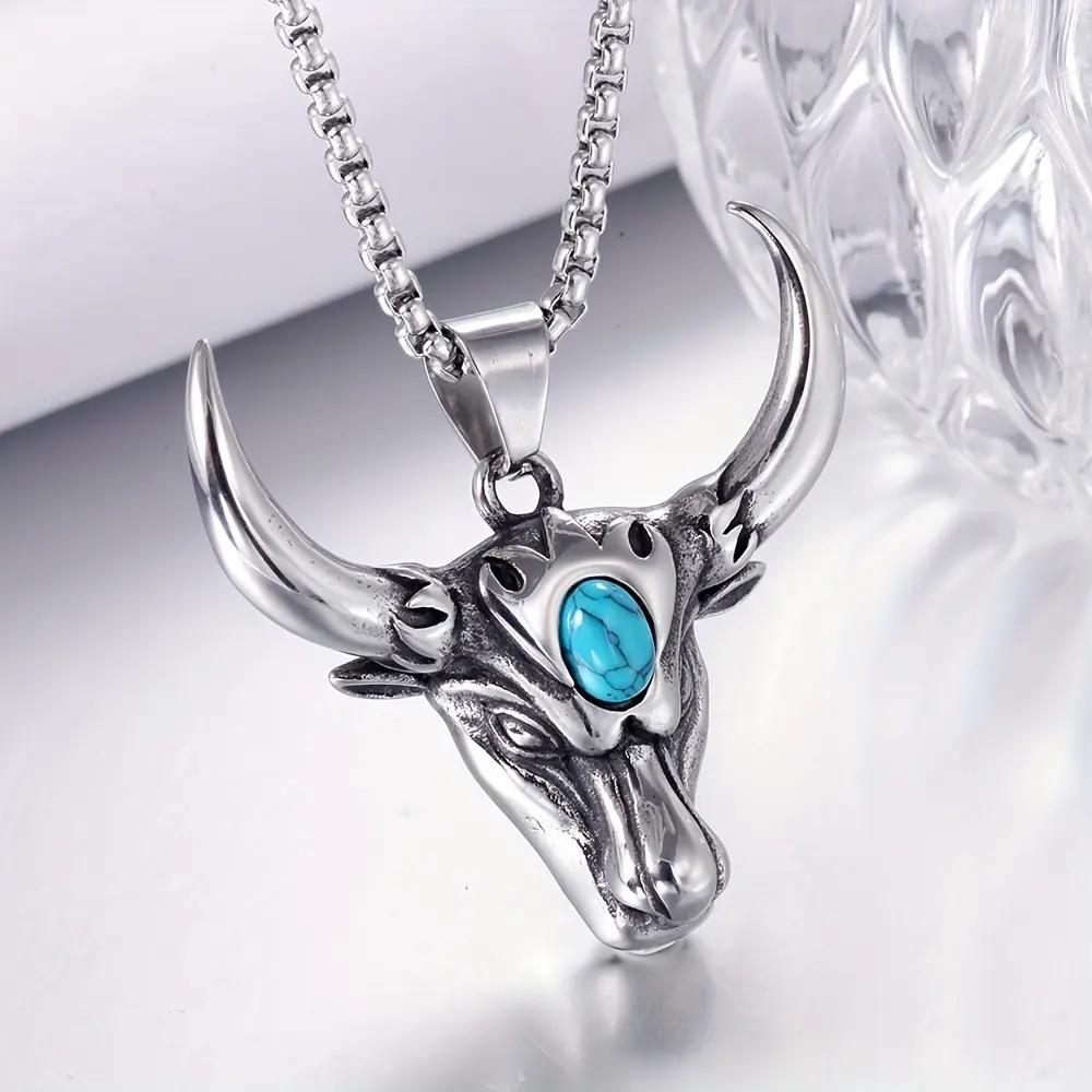 Pendant Necklace for Men, Retro Bull Head Alloy Pendant with Turquoise Stone on a Stainless Steel Chain, Alloy Material