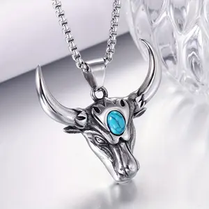 1 piece of domineering bull head pendant, men's alloy retro turquoise stainless steel necklace