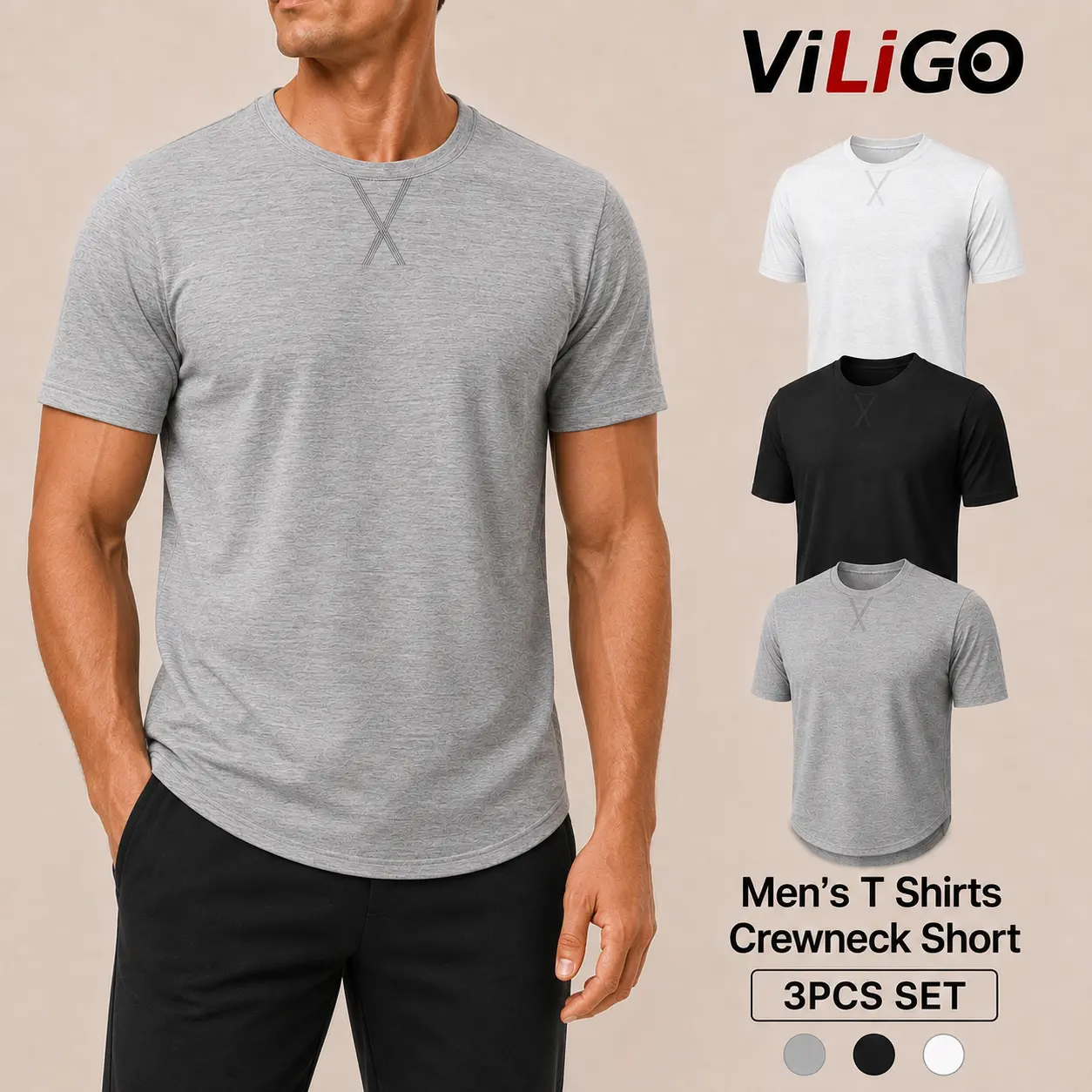 3 Pack Men's Crewneck Short Sleeve T-Shirt – Hip Hop Longline Style, Soft Stretch Fabric, Loose Fit, Curved Hem, Casual Streetwear for Music Festival, Travel, Weekend & Daily Wear