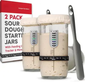 Sourdough Starter Jar With Date Marked Feeding Band, , Sourdough Jar Scraper, Sourdough Container Sewn Cloth Cover & Metal Lid, Sourdough Starter Kit (2 Pack)