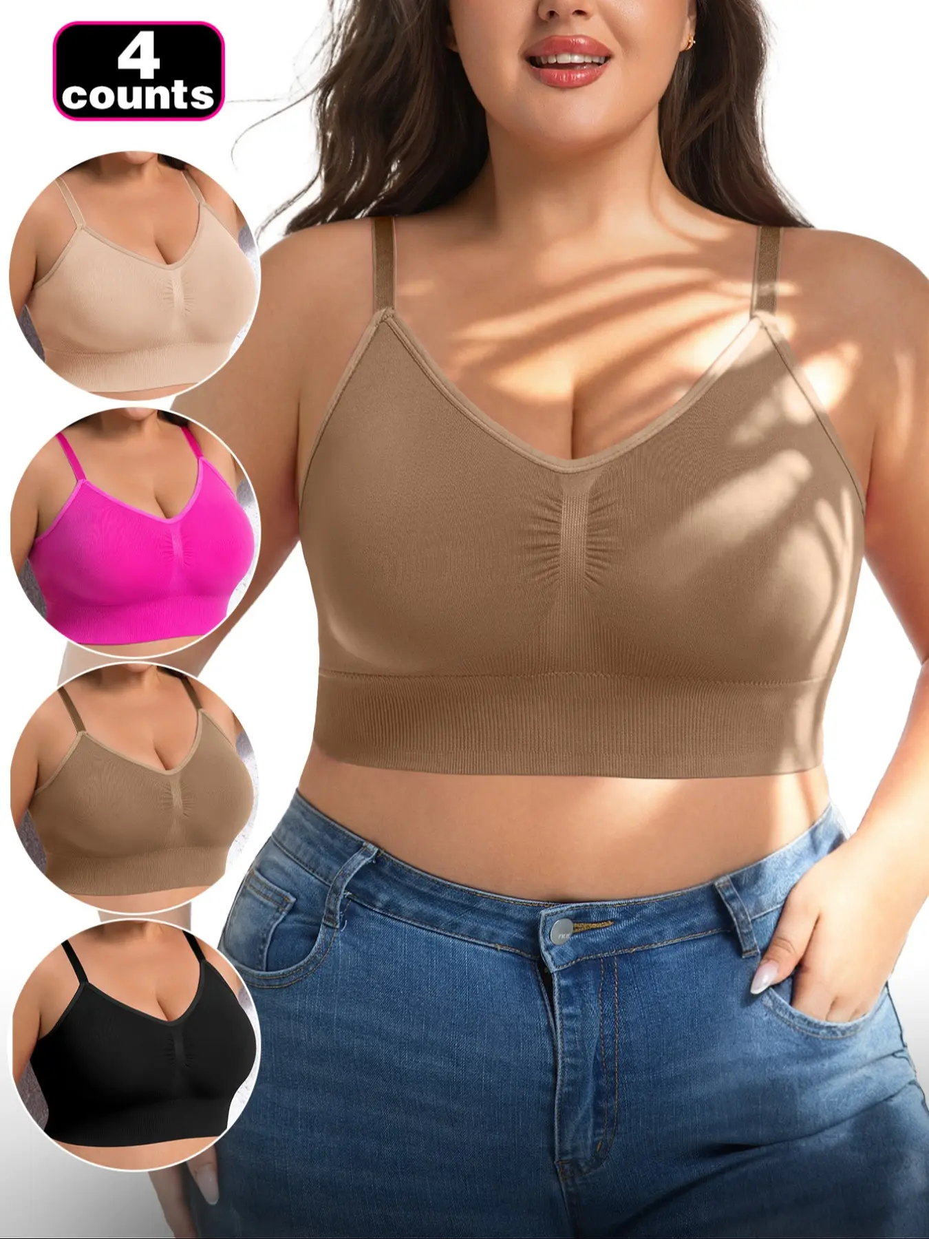 Plus Size Seamless Bra, Stretch Adjustable, Wireless Comfort, Soft Plunge Cup, Medium Support, Ideal for Home, Outdoors, Dates, Sports