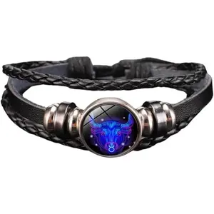 Zodiac Energy Bracelet Adjustable 12 Zodiac Signs Bracelet Multi Layer Black Leather Wrap Bracelet Christmas Birthday Jewelry Gift for Men Women