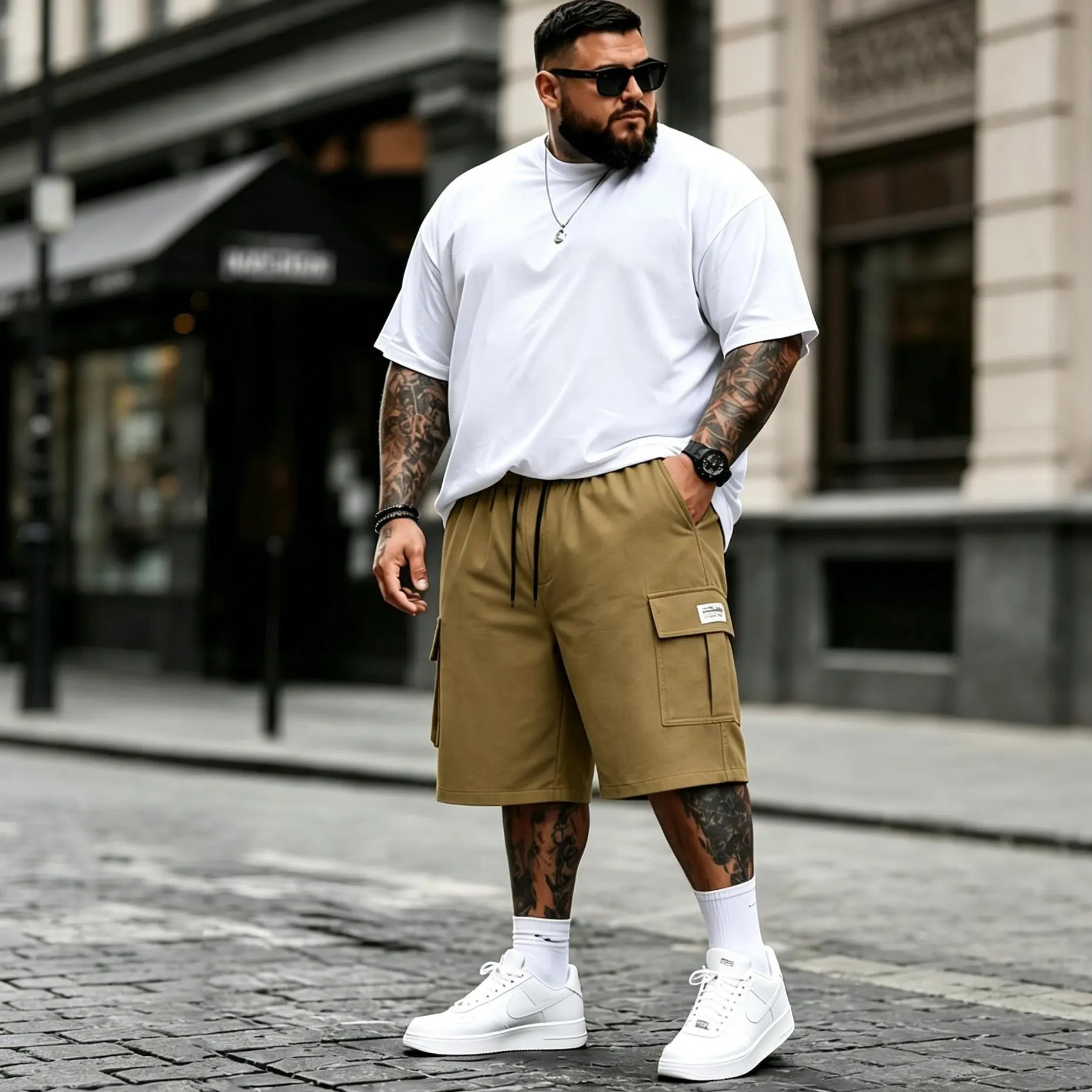 Men's Baggy Cargo Jorts, Plain Heavy-Duty Menswear with 5 Pockets, a Drawstring Waist, and Knee-Length Cut for Plus Size, Men's Jorts