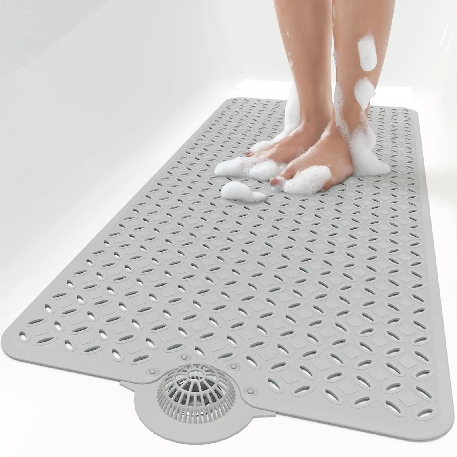 Extra Long 39×17 Inch Non-Slip Bathtub Mat, Soft Rubber Instead of Hard PVC, Built-In Hair Catcher, Large Drain Holes, Machine Washable Shower Mat