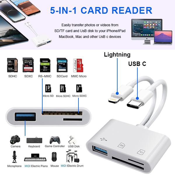 5-in-1 SD Card Reader for iPhone,iPad,Android – Dual USB-C & Lightning Adapter, Supports SD/MicroSD/USB 3.0, Fast Transfer, Plug & Play, No App Needed