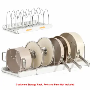 Expandable Pots and Pans Organizer Under Cabinet, 7 Stainless Steel Dividers, HIPS Base, 13-22 inch Heavy Duty Pan Rack with Lid Holder, Pot Organizer Inside Cabinet for Kitchen Storage