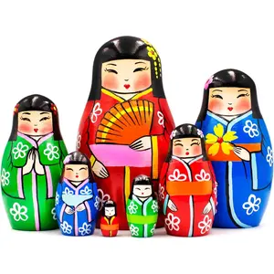 Japanese Nesting Dolls Set of 7 pcs - Matryoshka Dolls in Japanese Kimono - Wooden Kokeshi Dolls - Wooden Geisha Doll - Daruma Doll - Japan Decor - Russian Nesting Dolls