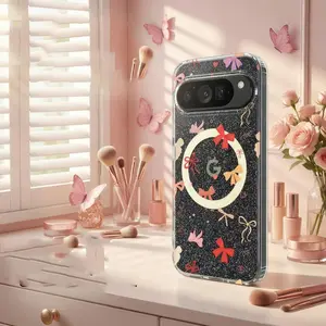 Case For Google Pixel 9 10 Pro XL 9A 10A Cute Pink Heart Bow Phone Case, IMD Floral Transparent Glitter Gradient Blue Light Shockproof Cover