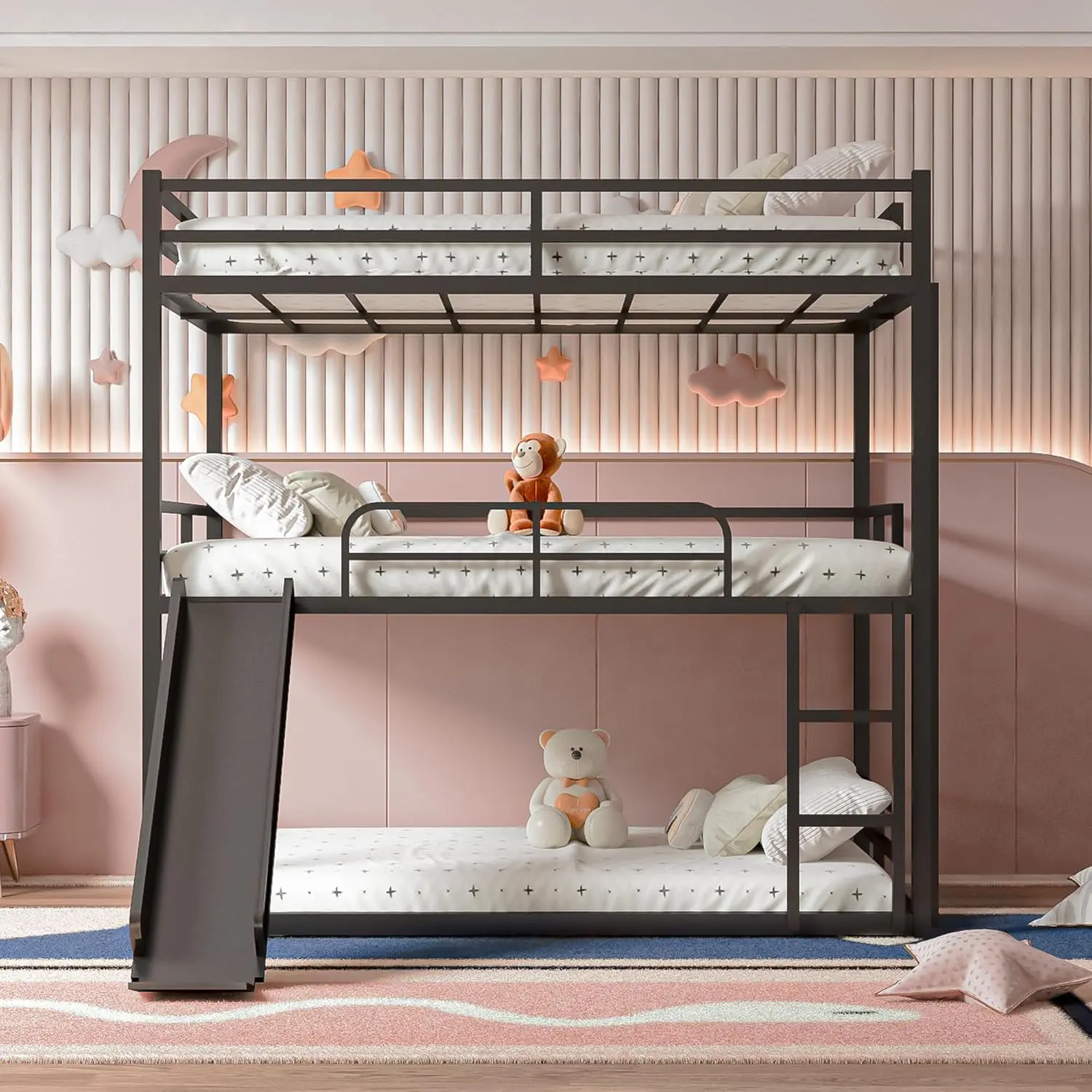 Full Size Triple Bunk Bed with Slide, Full Over Full Bunkbeds with Guardrails and Ladder, Metal Bunk Loft Bed for 3, Heavy Duty 3 Bed for Teens and Adults, No Box Spring Needed, Black