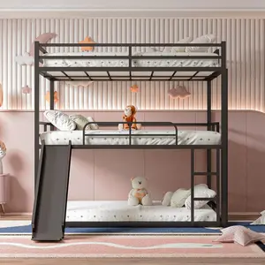 Full Size Triple Bunk Bed with Slide, Full Over Full Bunkbeds with Guardrails and Ladder, Metal Bunk Loft Bed for 3, Heavy Duty 3 Bed for Teens and Adults, No Box Spring Needed, Black