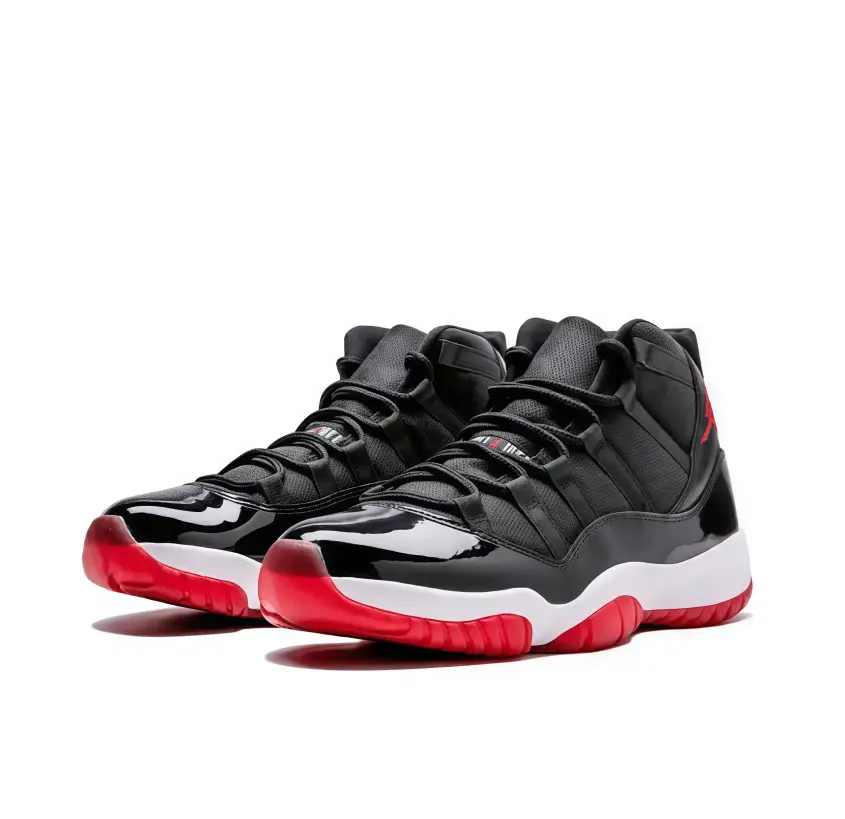 Unisex Retro High‑Top Basketball Sneakers Black Bred Red Faux Patent Leather Textile Breathable Street Fashion Daily Trainers