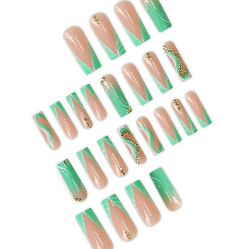 Green Gradient Rhinestones Fake Nails with Nail File & Tape, 24pcs/set Long Coffin Press on Nails for Women & Girls DIY Nail Art, Elegant Stick on Nails Kit
