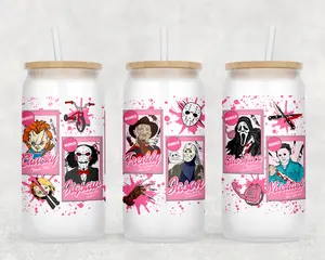 Horror Halloween Pink Doll Theme Glass Lid & Straw