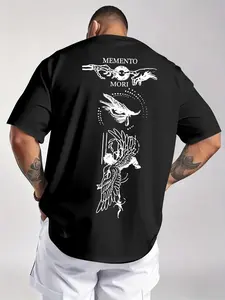 Men's Dark Art Skull Hand Casual Short Sleeve T-Shirt, Angel Print Design, American Gothic Street Outdoor Fashion Top