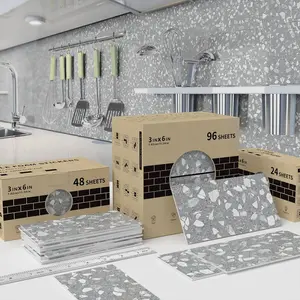 24/48/96 PCS TSF PVC+PET Crystal Foam Tile Stickers Industrial Light Gray Terrazzo | Waterproof Oil-Proof | For Kitchen/Bathroom/Floor/Ceiling/Tiles/Old Wooden Board