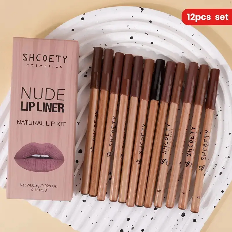 12 Piece Set Natural Wood Matte Lip Liner Cosmetic Kit Pencils, Lip Contour Wood Lip Pencils Gift Set for Friends and Wives for Valentine's Day