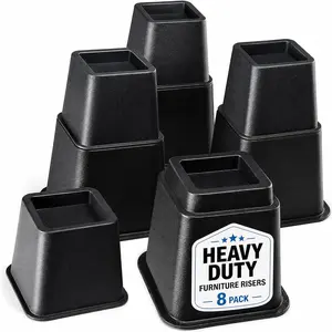 Adjustable Bed Risers - Elevation in 3, 5 or 8 Inch - Heavy Duty Stackable Furniture Risers Supports 1,300 lbs - for Under-Bed Storage, College Dorms, Table and Couch, 4 Pack Bed Lifts Black