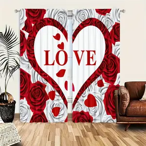 Love Print Window Curtains Set of 2, Rod Pocket Design, Easy to Hang, Semi-Transparent Privacy Drapes, Polyester Fiber, Home Decor, Decorative Touch, Durable, Home Decoration Curtain