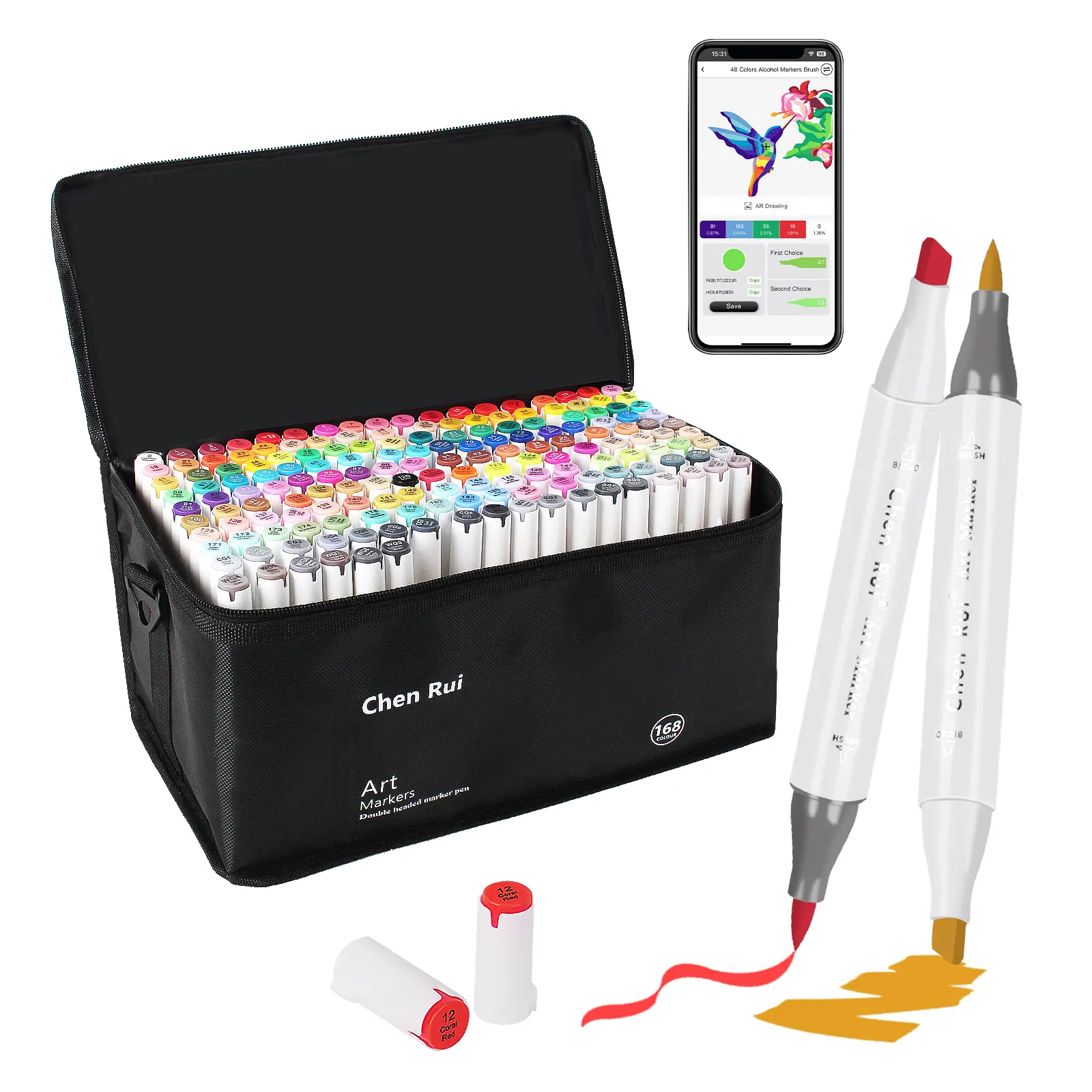Chen Rui   48/60/80/100/120/168 Colors Alcohol Markers with Free App, Dual   Brush and Chisel Tips Alcohol Based Markers for Adults Coloring, Alcohol Brush Pens for Drawing, Painting, Illustration, Sketching