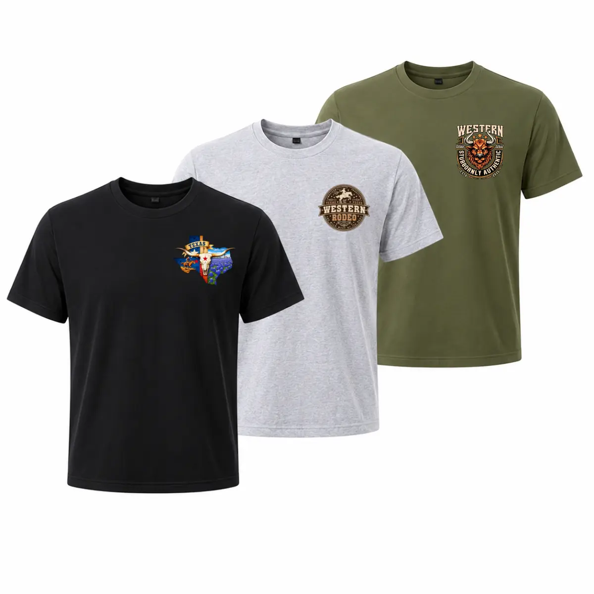 3-Pack Texas Western T-Shirts - Texas State , Western Rodeo And Cowboy Inspired Chest Graphics , Men's Country Lifestyle Tees , Ranch Outdoor Shirts , Rodeo Outfit , Texas Pride Gift For Cowboys , Ranchers And Western Style Fans Fabric Menswear Top Sport