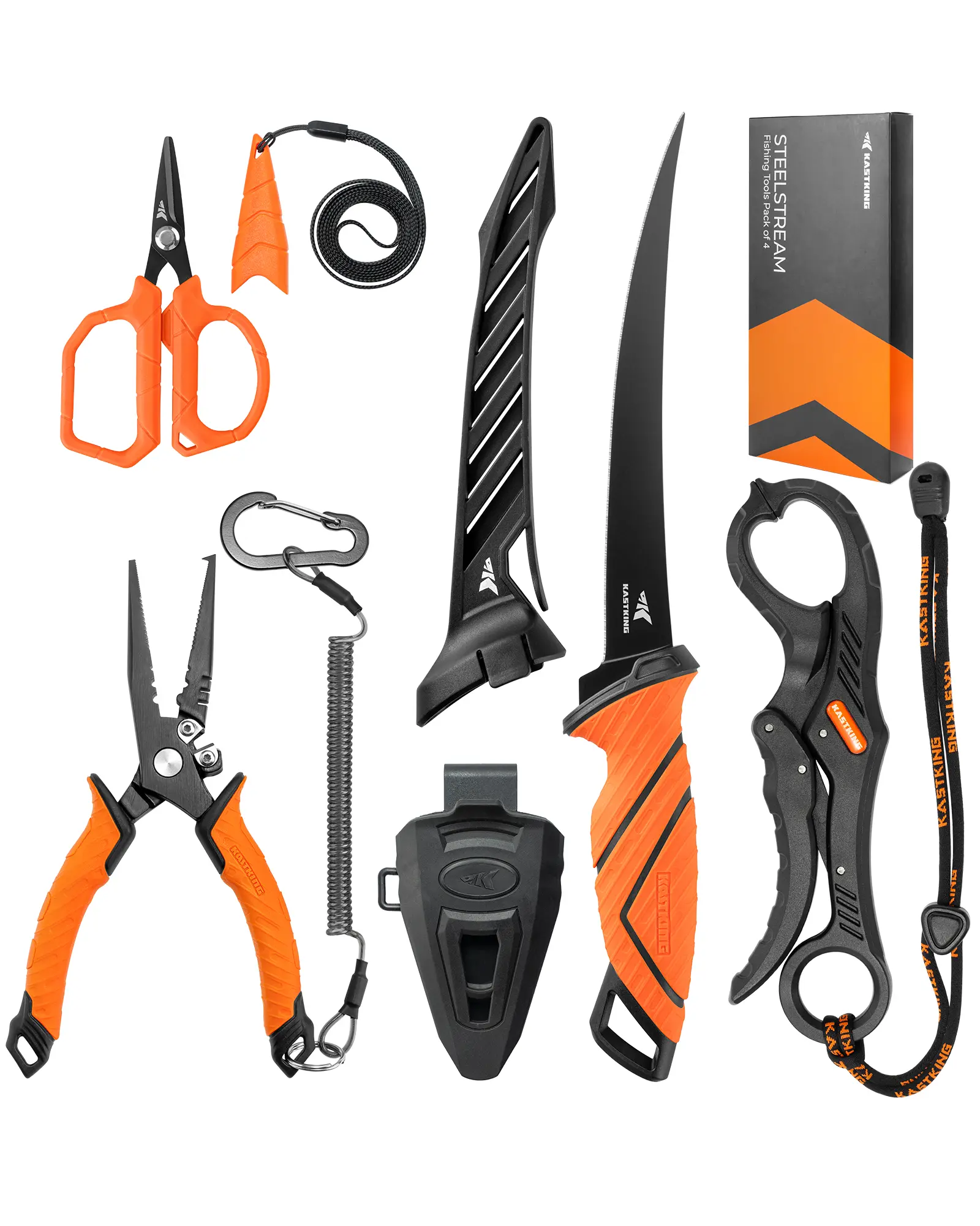 KastKing SteelStream/ToughTide Fishing Tool Kit – Fishing Pliers, Fillet Knife, Fish Lip Gripper, Braid Scissors, Hook Remover, Tool Retractor & Bungee Cords | OutdoorFun