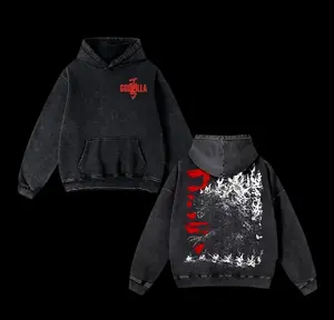 Godzilla Retro Vintage Oversized Washed Hoodie – Unisex Heavyweight Cotton Streetwear Pullover, Classic Movie Fan Hoodie, Gift for Men