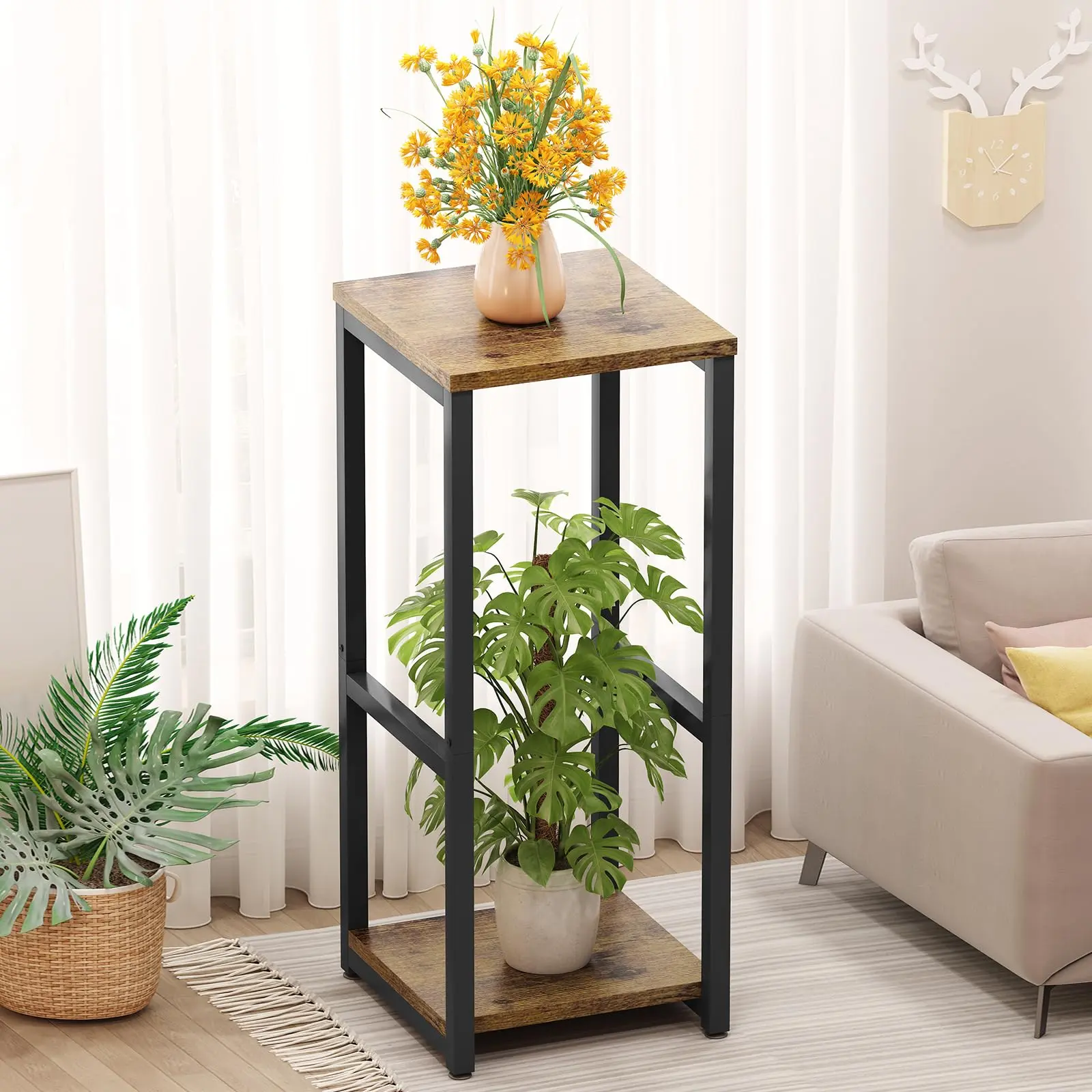 2-Tier Tall Anti-Corrosion Metal Corner Plant Stand, Indoor-Outdoor Planter Pot Holder & Storage Rack for Living Room, Front Porch, Smooth-Design Frame + Plant Use Home Organizer with 100% Satisfaction Guarantee