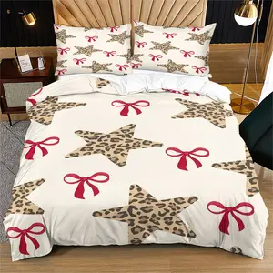 Leopard Print Star & Red Bow Duvet Cover Set (2/3-Piece, 1 Duvet Cover + 1-2 Pillowcases) ,Trendy Coquette Aesthetic Bedding, Bed Sets Supplies, Perfect Gift for Bedroom & Dorm Decor