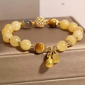 Elegant Citrine Bead Bracelet with Golden Charm - Bohemian Style, Natural Stone, Perfect for Casual Attire & Gifts