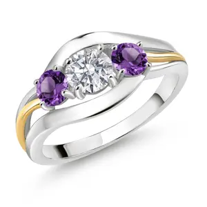 925 Sterling Silver and 10K Yellow Gold Round White Lab Grown Diamond and Purple Amethyst 3 Stone Ring For Women (1.00 Cttw)