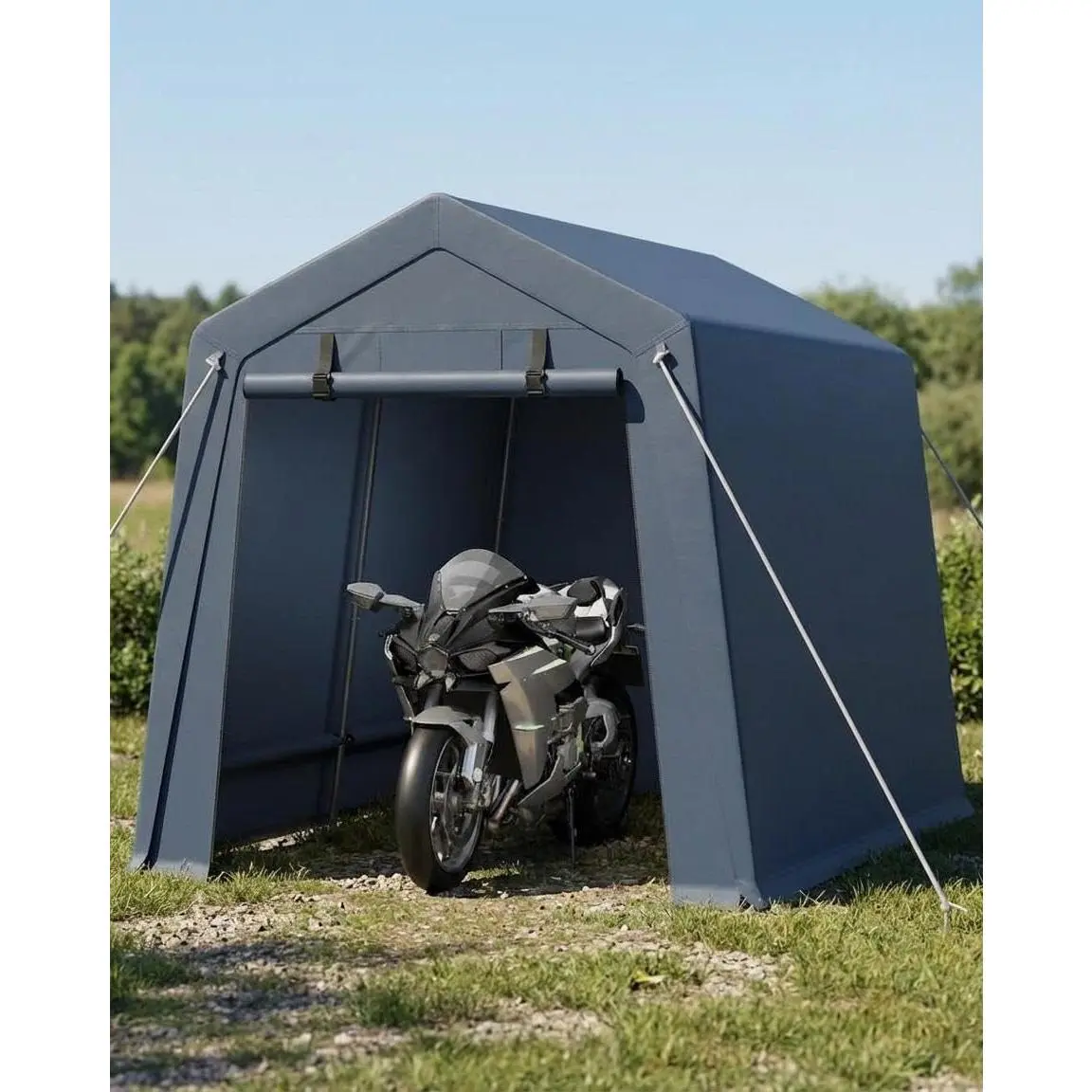 Heavy-Duty 7x10 FT Outdoor Storage Shelter, Waterproof UV-Resistant Portable Carport Garage with Dual Roll-Up Zipper Doors, for Motorcycle, Bike, ATV & Tools, Gray