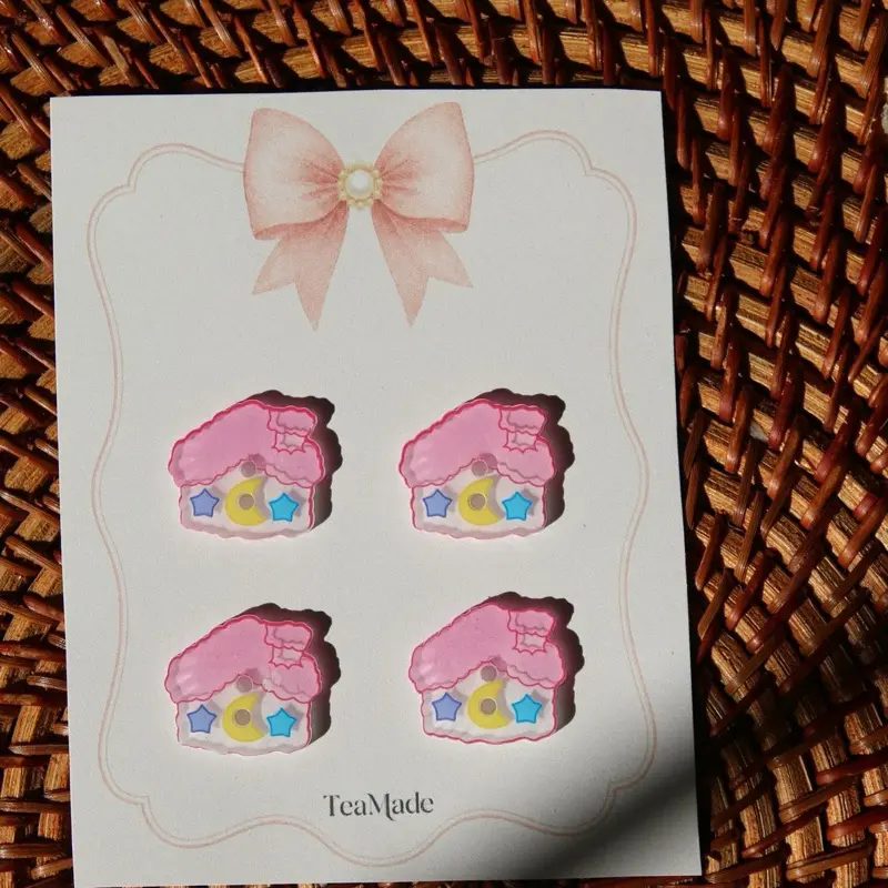 Pink Kawaii Cottage House Buttons, 12mm Crafting Embellishments (Set of 4)