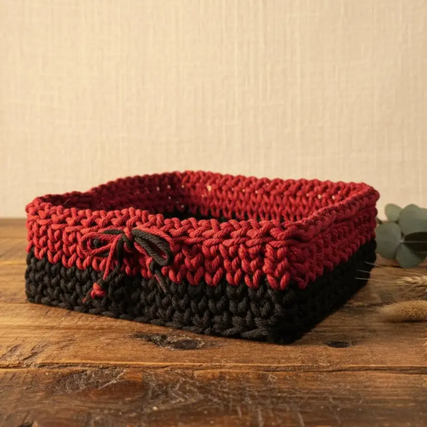 Multifunctional Neutral Tones Classic Durable Eco-Friendly Handmade Crochet Square Storage Basket with Wood-Accent Handles, Farmhouse Home Organizer for Kitchen, Office Countertops - 7.5"x7.5"x4" (Breathable Design), Bathroom, Organizing