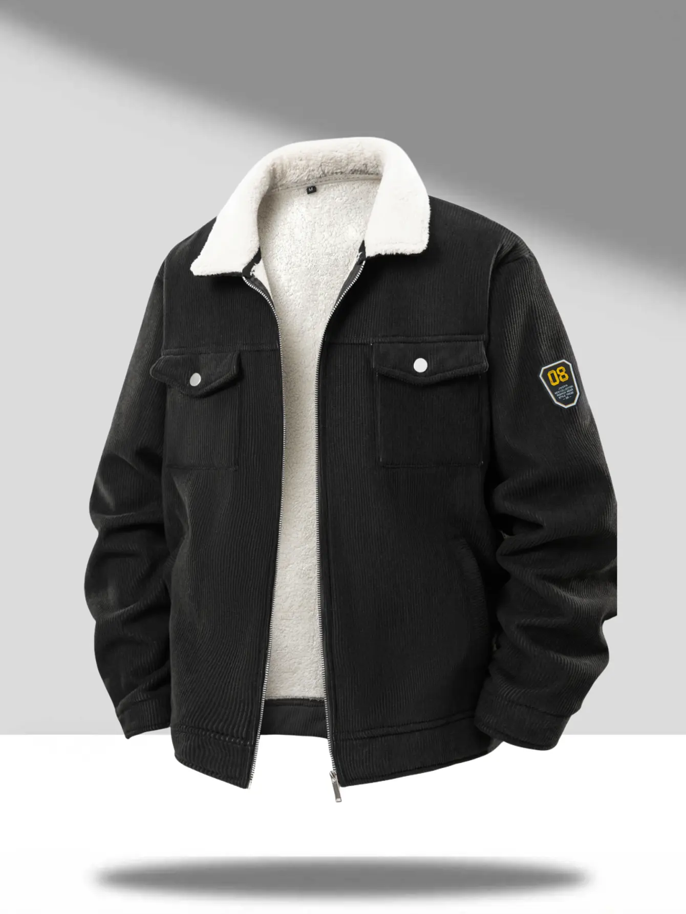 Men's Plain Casual Vintage Jackets - Corduroy Collar, Faux Lambswool Lining, Chest Pockets, Elbow Patches for Streetwear, Fitted, Woven, Vintage Cord, No