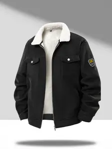 Vintage Corduroy Collar Jacket with Faux Lambswool Lining, Double Chest Patch Pockets, Elbow Badge Embellishment - Perfect for Retro Enthusiasts, Everyday Street Style & Casual Gatherings SpringStatements