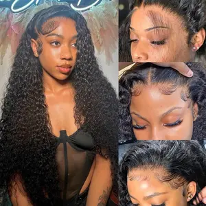 Water Wave 13x6 Lace Front Wigs Human Hair Pre Plucked 180% Density HD Transparent Water Wave Lace Frontal Wigs Human Hair for Women Curly Lace Front Wigs Natural Color